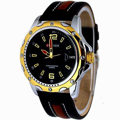 CHARMING BLACK DIAL GOLDEN MENS HOURS ANALOG SPORTS QUARTZ WRIST