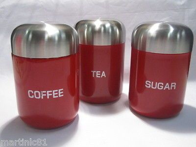 RED CANISTER STORAGE SET JAR TEA COFFEE SUGAR RETRO TIN CHROME LID NEW