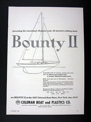 Coleman Boat & Plastics Bounty II 41 ft Sailboat Yacht 1956 Ad