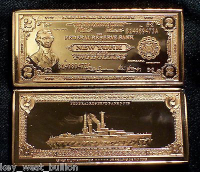 SERIES $2 FEDERAL RESERVE BATTLESHIP NOTE .999 FINE COPPER BULLION BAR