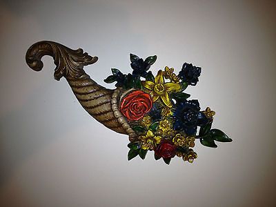 Vtg 1965 Syroco Flowers Roses Cornucopia Wall Hanging Art Retro Shabby