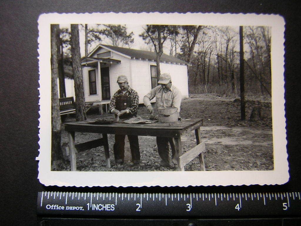 Photo 02544 2 men gut & clean fish at outside table