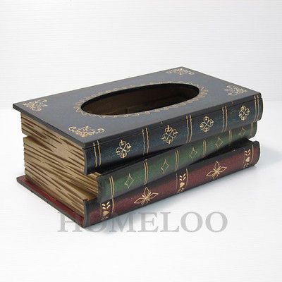 Vintage Antique Style Wood Stack Book Tissue Paper Box Holder