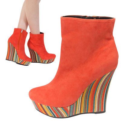 Coral Faux Suede Rainbow Linen Platform Wedge High Heel Ankle Boot