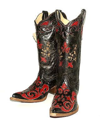 Red Lizard Skin Underlay Womens Corral Black Crackle Leather Western