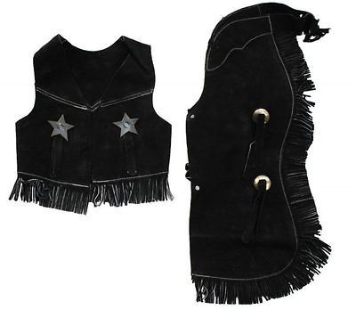 Size SMALL BLACK Suede Cowboy Chaps & Vest Western Set With Fringe