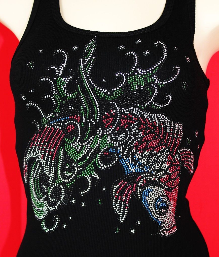 RHINESTONE COY FISH TATTOO TANK TOP NEW MADE IN USA