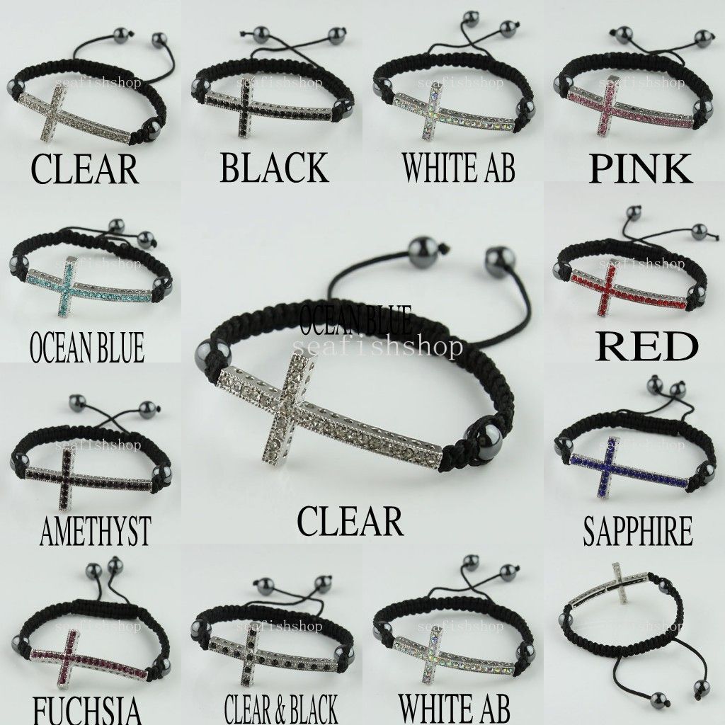 BLACK CORD CRYSTAL CROSS CURVED SIDE WAYS PLATINUM CONNECTOR BRACELET