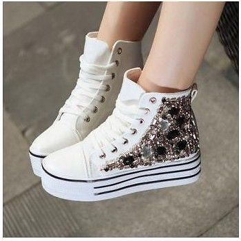 Womens High Rise Canvas Crystal Sneakers Platform Heel Pumps Flats