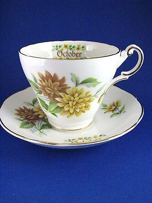 Regency Bone China English Teacup & Saucer Yellow Flowers OCTOBER