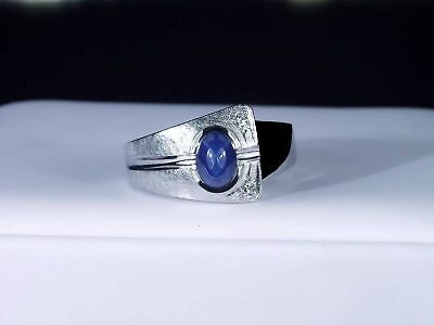 14K GOLD MENS BLUE STAR SAPPHIRE & DIAMOND RING LQQK