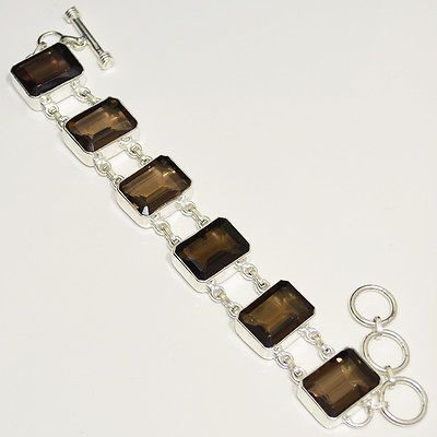 CHECKER CUT FACETED RECTANGLE SMOKY QUARTZ .925 SILVER BRACELET 7 8