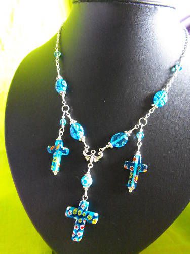 Crucifx CROSS Millefiori glass necklace blue #28 hand made UK seller