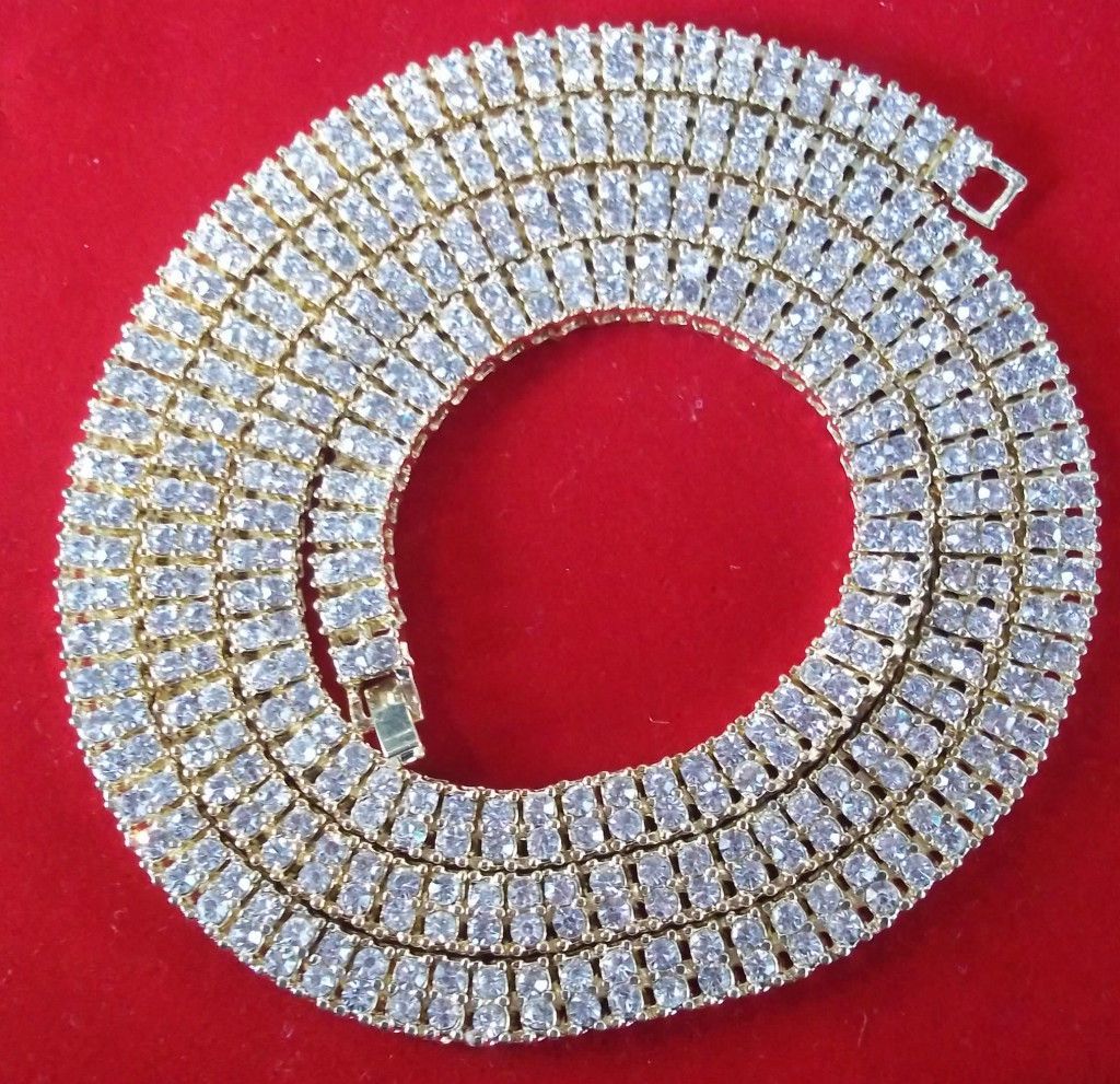 Mens 2 ROW CZ GOLD Chain Necklace ICED OUT