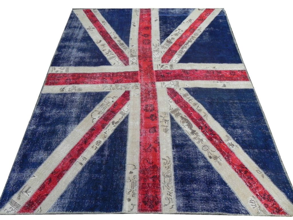 Union Jack Patchwork Rug Made from Distressed Overdyed Vintage
