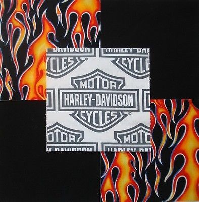 30 6 HARLEY DAVIDSON Shield Logo Red/Orange flames Quilt Fabric