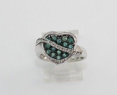 Solid 14K White Gold Green Sapphire & Diamond Heart Ring Size 7.25