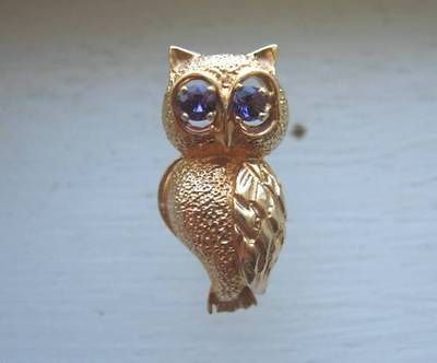 14K Solid Gold Amethyst Eyes Owl Bird Pin Brooch 5.2 Grams