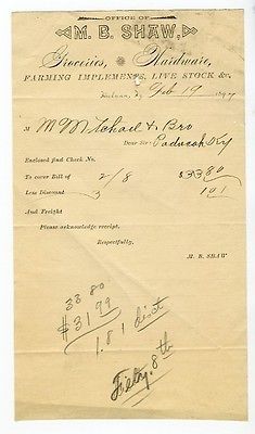 1897 M.B. Shaw Groceries Hardware Receipt Hickman KY