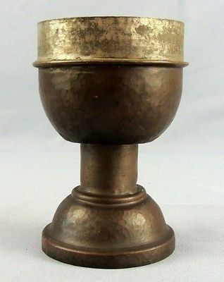 ANTIQUE ART HAMMERED TINNED COPPER CHALICE GOBLET PEDESTAL CREMATION