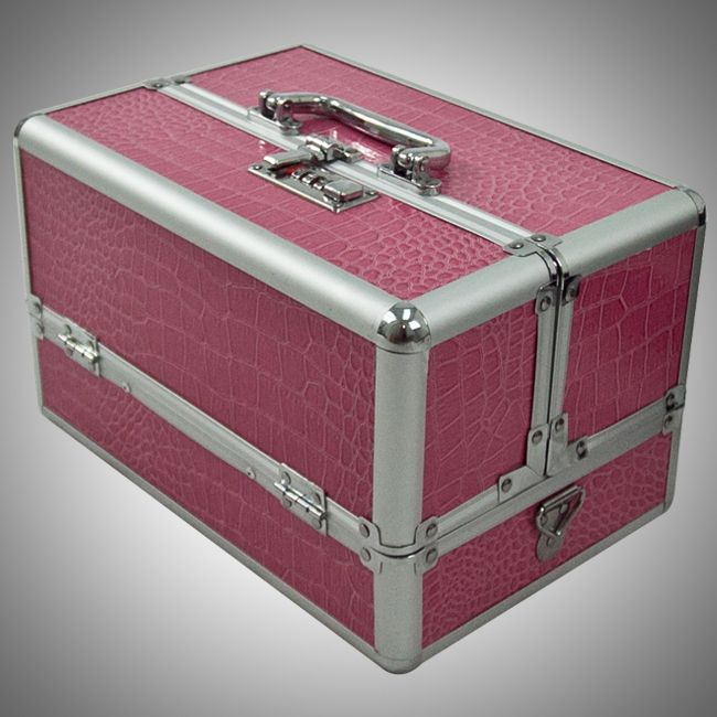 Makeup Case Box Cosmetic Train Storage Trays Key Lock Jewelry Pink