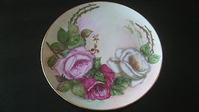 Hutschenreuther Dinner plate, 10 inches, signed by artist, roses, gold