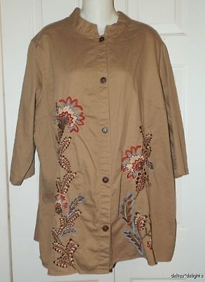 Womens LIZ & ME JACKET 2X 22 24 Brown Nehru Collar Embroidery 3/4