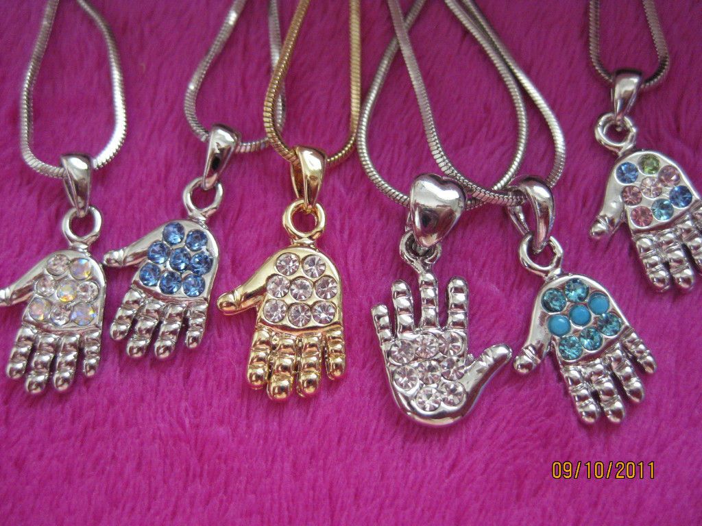 SILVER GOLD CRYSTAL HAMSA HAND EVIL EYE PROTECTION PENDANT+CHAIN