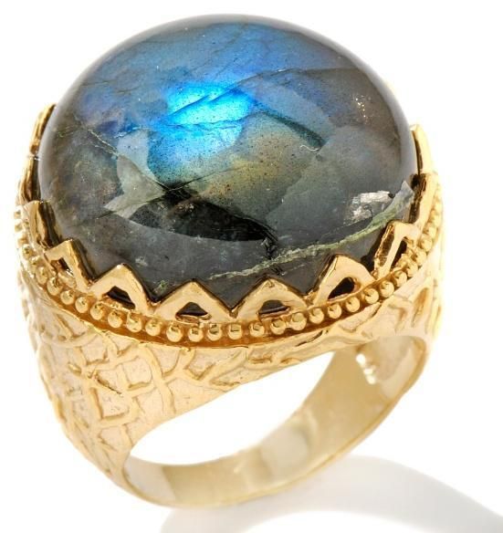 Genuine Labradorite Royal Crown Ring 14K Yellow Gold Clad Silver 925