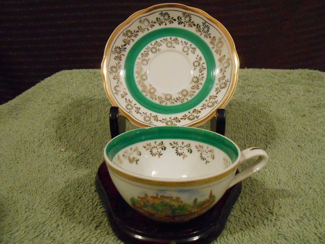 Cup & Saucer Set   Czechoslovakia M Z Salzburg Scene Green & Gold Trim