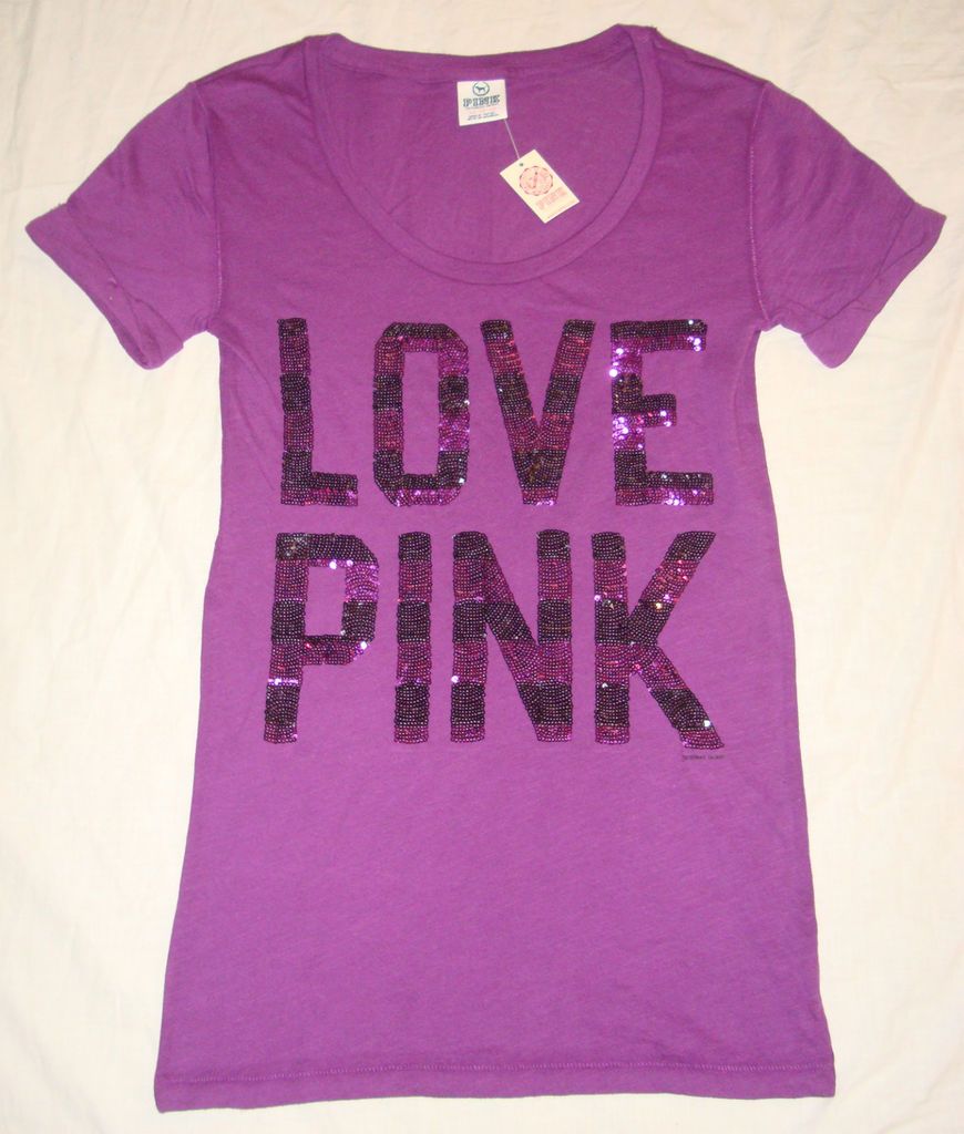 VICTORIAS SECRET LOVE PINK Sequin T SHIRT Tee SEQUENCE Black Bling