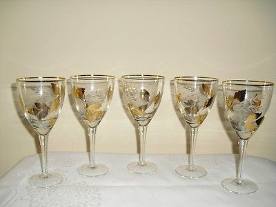 Set of 5 Etched and Gold Leaf Wine Goblets