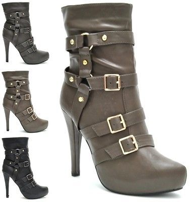 NEW SEXY WOMENS BLACK KHAKI GREY ZIPPER BELT STILETTO HEELS ANKLE