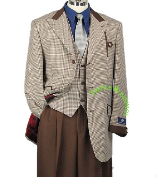 33 SHARP 3pc MEN WIDE LEG HOUNDSTOOTH ZOOT SUIT BROWN 36R 48L hth