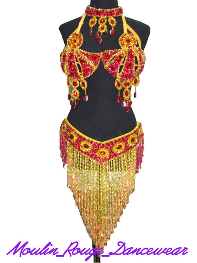 GOLD/RED LATIN SAMBA CARNIVAL BELLY DANCE COSTUME DRAG QUEEN BRA BELT