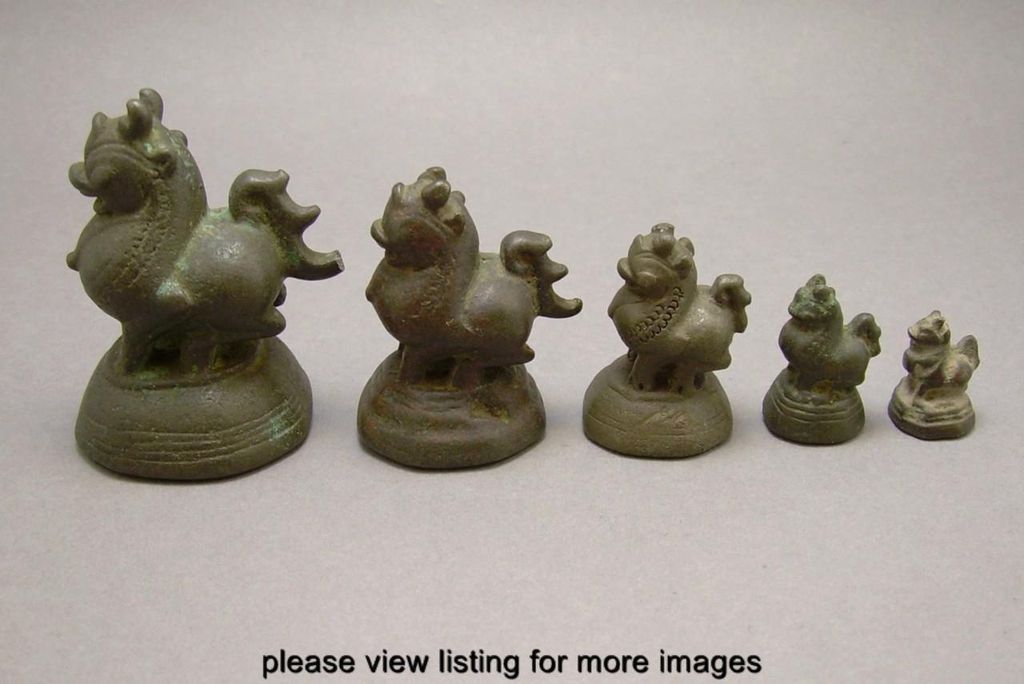 Set of Five Antique 19th c Burmese Burma Bronze Dragon Lion Chinte