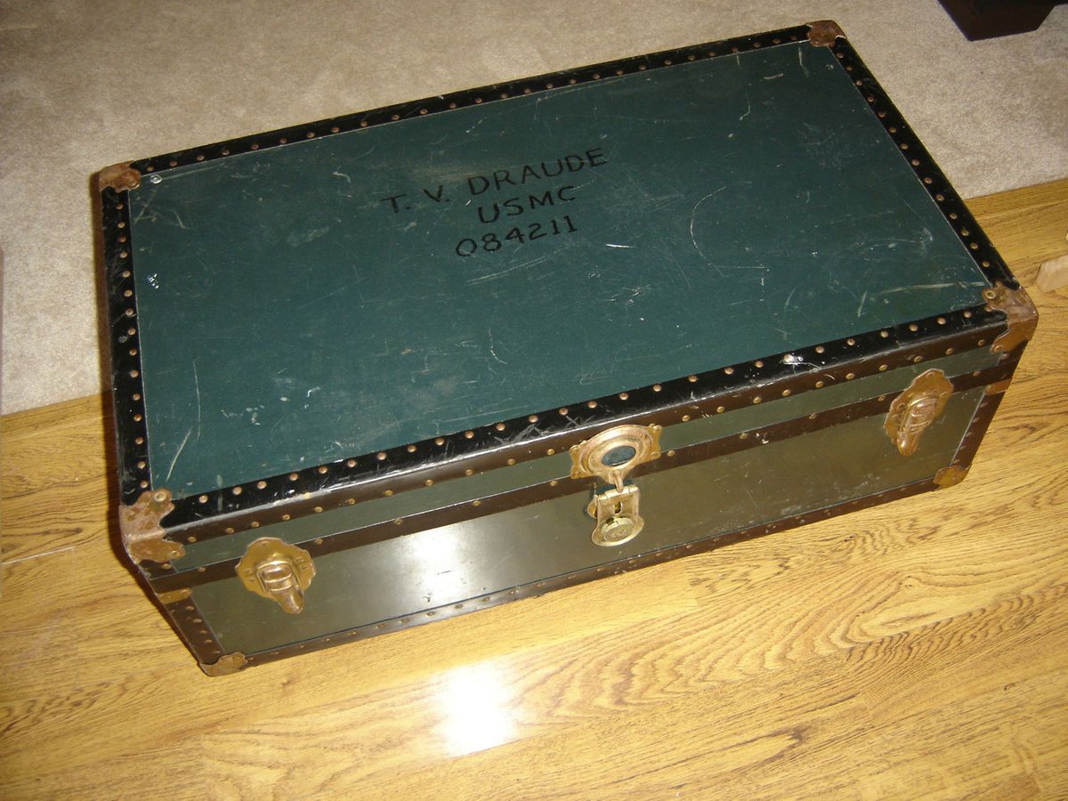 Vintage Army Soldier Foot Locker Coffee Table w Cast Wheels