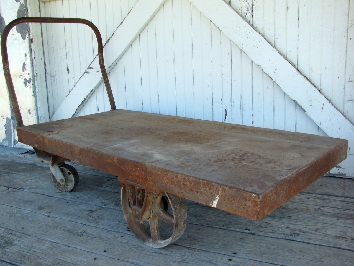 Factory Industrial Cart, Heavy Guage Steel, Iron Wheels, Coffee Table